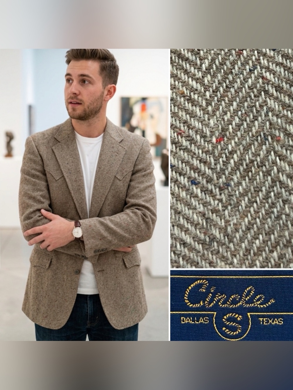 Vintage Circle S Men’s 42L Herringbone Tweed Flecked Wool Western Blazer Jacket